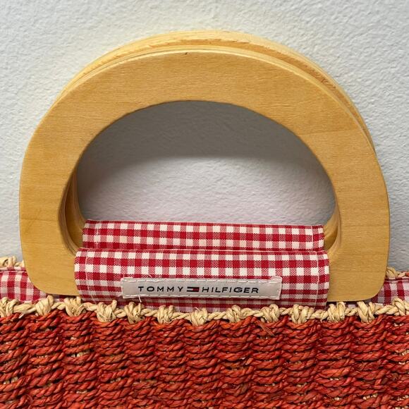 Vintage Tommy Hilfiger Straw Wicker Purse Tote Wooden Handles Lined Red Blue Y2K - Picture 2 of 6